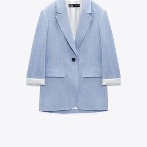 Zara Pale Blue Single-Button Blazer with White Lining Cuffs